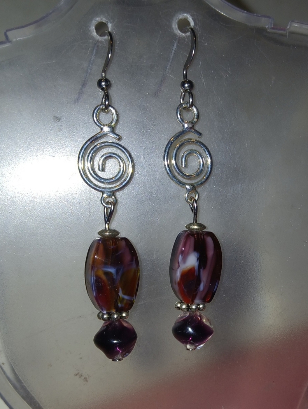 Hand Crafted Purple Swirl Glass Bead Drop Earrings